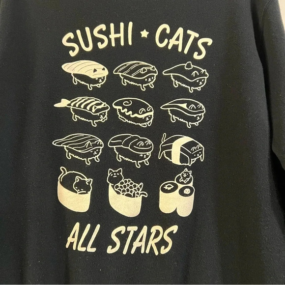 Rustic Charm Japanese Crew Neck Sweater Black Novelty Print Sushi Funny Food Cat - Picture 5 of 8